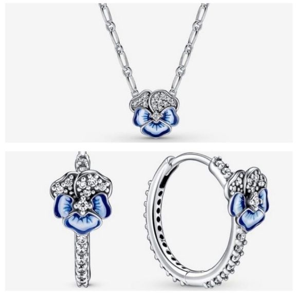 Pandora Jewelry Pandora Blue Pansy Flower Necklace And Earrings Set